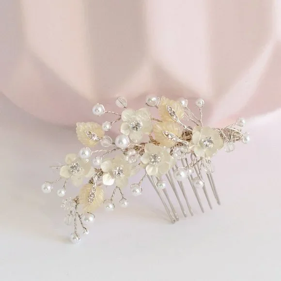 Wedding Bridal Hair Clip Comb Crystal Rhinestone Beaded Silver with Ivory - Picture 3 of 4